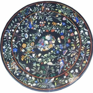Sale Black Marble Round Coffee Table Beautiful Pietra Dura Inlay Stone Work