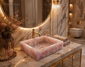 Natural Rose Quartz Sink, Modern Bathroom Vessel Sink, Luxury Stone Vanity Basin, Handmade Countertop Wash Basin