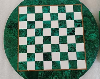 12"Round Chess Set in Green Malachite Stone Natural Semi Precious Queen's Gambit Chess with Green and White Stone Pieces Father's Day Gifts