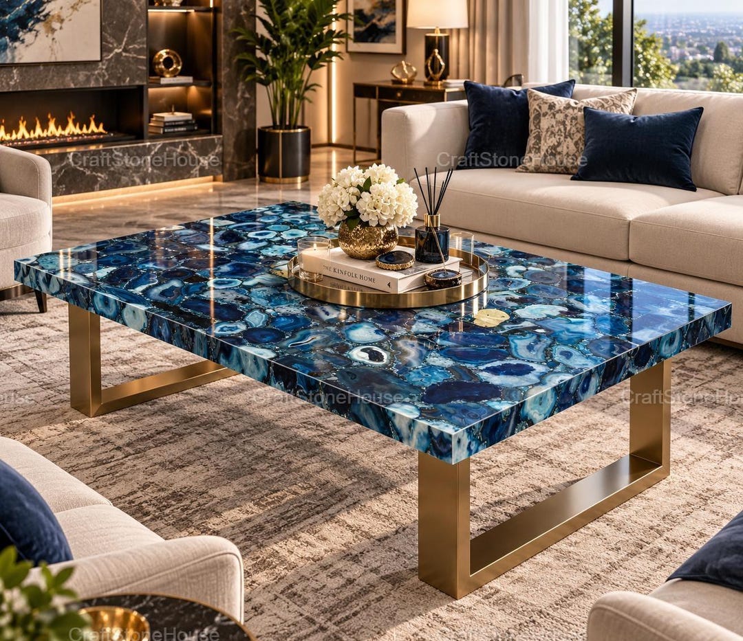 Blue Crystal Stone Coffee Table Agate Slice Tabletop Modern Rectangle ...
