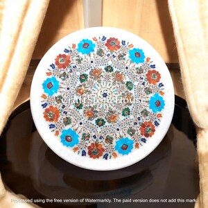 12&quot; Handmade Marble Inlay Serving Plate Semi-Precious Gemstones Inlaid Unique Artisan Crafts Kitchen & Home Decorative Interior