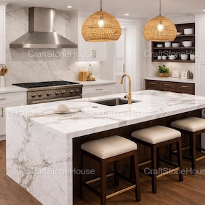 White Marble Kitchen Island Countertop Calacatta Marble Slab Island Luxury Modern Kitchen Decor Custom Dining Table Top