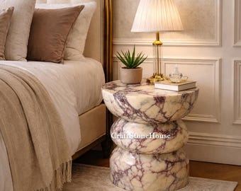Handmade Calacatta Viola Marble Accent Table Designer Stone Nightstand with Modern Royal Style