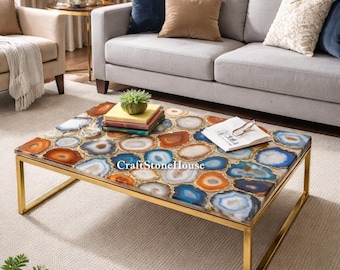 Handmade Multi Agate Stone Dining Table Top Modern Gemstone Kitchen Slab Luxury Rectangle Countertop