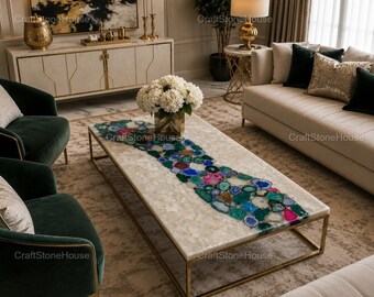 Luxury White Quartz Dining Table Crystal Stone Center Table Handmade Gemstone Living Room Tabletop Modern Statement Furniture Decor