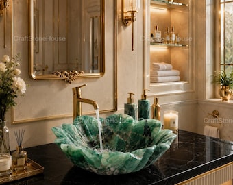 Green Fluorite Flower Vessel Sink Natural Gemstone Bathroom Sink Luxury Crystal Wash Basin Handmade Stone Vanity Sink