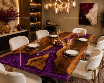 Purple Resin River Dining Table Live Edge Wood Study Table Handmade Epoxy Office Table Luxury Living Room Furniture Custom Kitchen Slab Deco