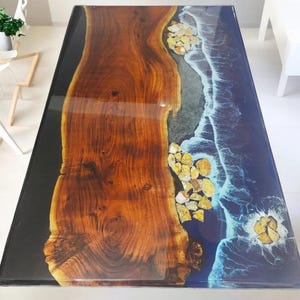 Farmhouse Epoxy Dining Table Natural Ocean Beach Resin Countertop Live Edge Acacia Wooden Dine Room Furniture Handmade Coffee Sofa Tops
