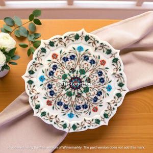 15&quot; Antique White Marble Inlay Plate with Multi Stone Inlaid Handmade Floral Semi Precious Arts Modern Kitchen Decor Interior