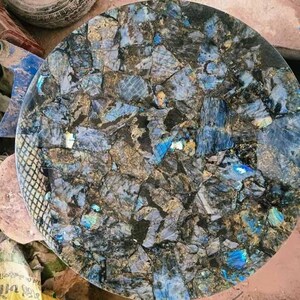 Round Labradorite Stone Coffee Table Top Healing Crystal Gemstone Handmade Centerpiece Furniture Countertop Office Desk & Gift Decor