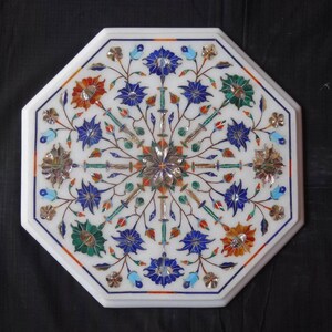 Octagon White Marble Coffee Side Table Top Floral Design Inlay Work Semi Precious Stone Carnelian Handmade Art Living Room & Garden Decors