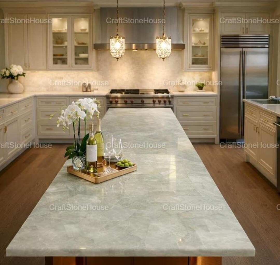 Rectangle White Quartz Gemstone Kitchen Countertop Luxury Handmade ...