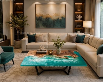 Ocean Resin Coffee Table, Live Edge Wood Table, Epoxy Resin Center Table, Handmade Coastal Living Room Furniture