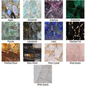 May include: A grid of twelve different gemstone samples, each with a unique color and pattern. The stones include Agate, Amazonite, Amethyst, Aventurine, Flourite, Labradorite, Lapis, Obsidian Foil, Petrified Wood, Retro Wood, Rock Crystal, and Rose Quartz.