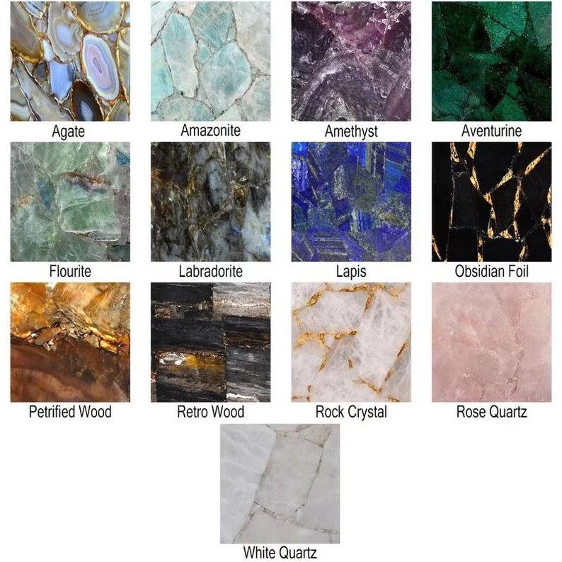 May include: A grid of twelve different gemstone samples, each with a unique color and pattern. The stones include Agate, Amazonite, Amethyst, Aventurine, Flourite, Labradorite, Lapis, Obsidian Foil, Petrified Wood, Retro Wood, Rock Crystal, and Rose Quartz.