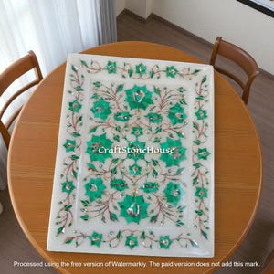 10&quot;x12&quot; Marble Serving Tray with Royal Look Malachite Gemstone Work Collectible Tray for Home Decor Handmade Gift-able Tray