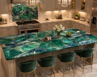 Natural Green Fluorite Countertop Luxury Kitchen Island Slab Custom Gemstone Table Top Crystal Stone Furniture Handmade Bar Interior