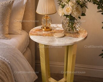 White Agate Table Round Gemstone Coffee Top Console Bar Luxury Furniture