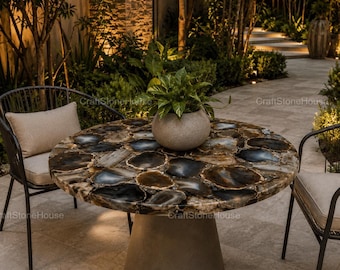 Black Agate Table Top, Round Agate Stone Table Top, Luxury Garden Table Top, Natural Gemstone Patio Decor