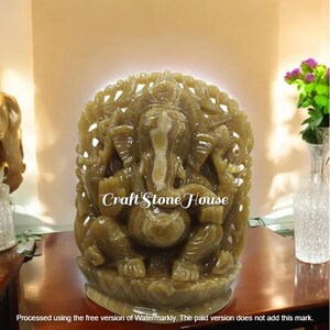 Handmade Hindu Ganesh Idol Yellow Aragonite Murti for Home, Office Decor Elegant Artisan Carved God Statue Prosperity & Success Symbol