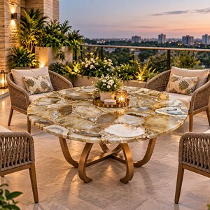 May include: A round table with a polished, multi-toned beige and brown agate stone top and a curved gold metal base, surrounded by four woven armchairs with light-colored cushions and patterned throw pillows on a balcony at sunset.