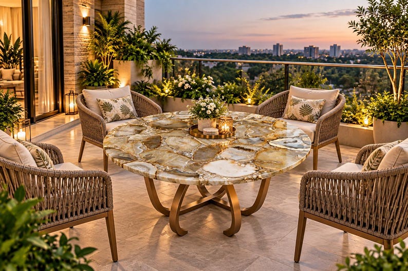 May include: A round table with a polished, multi-toned beige and brown agate stone top and a curved gold metal base, surrounded by four woven armchairs with light-colored cushions and patterned throw pillows on a balcony at sunset.
