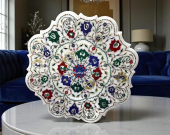 Handcrafted Marble Inlay Coffee Table: Floral Pietra Dura Gemstone Art