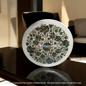 Marvelous 12&quot; Round White Serving Plate Semi Precious Gemstones Inlay Work Kitchen Gift Decorative Interior