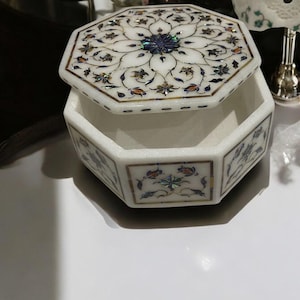 Antique White Marble Jewelry Box Custom Made Floral Semi Precious Abalone Shell Multi Purpose Jewelry Storage Organizer Christmas Gifts
