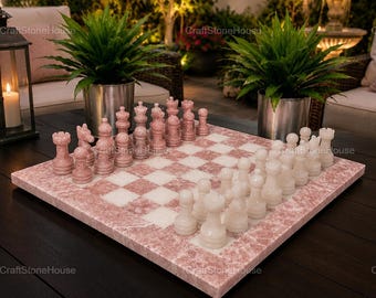 Juego de ajedrez de cuarzo rosa, tablero de ajedrez de piedra de lujo, juego de ajedrez de mármol rosa hecho a mano, elegante regalo de decoración para el hogar.