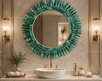 Luxury Malachite Stone Round Mirror Green Gemstone Wall Mirror Handcrafted Bathroom Vanity Mirror Modern Home Wall Decor