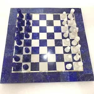 Lapis Chess Set, White Marble Chess, Queen&#39;s Gambit Chess, Handcraft Top High Quality Mosaic Gemstone Beautiful Handmade, Indoor Board Games