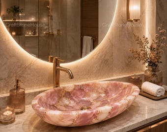 Handcrafted Pink Agate Stone Sink Luxury Oval Vessel Basin Natural Gemstone Bathroom Vanity Sink Premium Home Decor