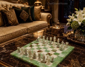 Natural Green Onyx Chess Set, Handcrafted Marble Chess Board, Premium Stone Chess Pieces, Luxury Home Decoration