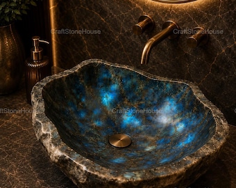 Labradorite Stone Vessel Sink Luxury Bathroom Basin Handmade Natural Crystal Vanity Sink Countertop Wash Bowl