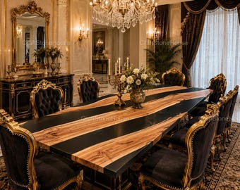 May include: A large rectangular dining table featuring a natural wood slab with a prominent black resin inlay running through the centre, surrounded by eight black upholstered chairs with ornate gold frames and tufted backrests.