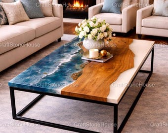 Tampo de mesa retangular em resina epóxi com formato de onda do oceano, feito à mão. Móvel moderno.