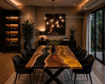 Custom Black & Yellow Resin River Dining Table Live Edge Epoxy Wood Table Handmade Luxury Living Room Table Modern Farmhouse Furniture