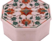 Decorative White Marble Top Designer Jewelry Storage Box Carnelian Malachite Stone Floral Mosaic Inlay Art Housewarming Gifts Decors