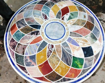 Mesa redonda de mármol de 36 ", muebles de Pietradura, piedra semipreciosa con incrustaciones, arte mosaico, decoración para el hogar y la sala de estar