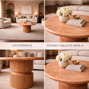 May include: Images of a travertine coffee table with a round, reddish-brown top and a ribbed base. The text "USES OF OUR TRAVERTINE COFFEE TABLE" is at the top. The table is displayed in various settings, highlighting its design and functionality.