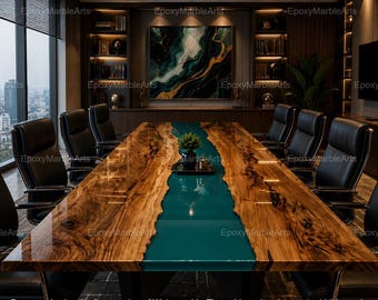 May include: A large rectangular conference table featuring a live-edge wood slab with a central teal epoxy resin river inlay. The table is surrounded by eight black leather office chairs in a room with dark wood shelving and a city view.