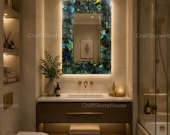 Espejo de pared de labradorita, espejo de tocador de lujo con piedras preciosas, espejo con marco de cristal iridiscente, decoración moderna para el baño.