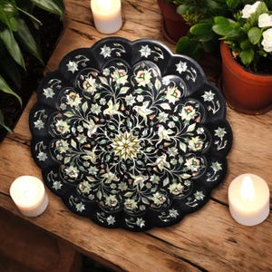 18&quot;x18&quot; Beautiful Round Black Marble Serving Plate Semi Precious Inlay Gemstones Handmade Arts for Kitchen Decorations Decor Perfect Gifts
