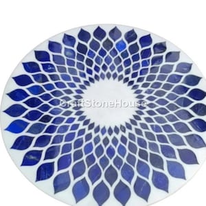 42&quot; Antique White Marble Coffee Table Top Handmade Lapis Lazuli Inlay Mosaic Art Stone Patio Home Decor Furniture