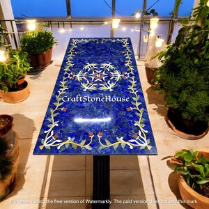 Luxurious Rectangle Blue Lapis Lazuli Modern Kitchen Dining Table Floral Semi Precious Inlay Gemstone Center Sofa Hallway Decor Furniture
