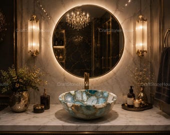 Round Blue Agate Vessel Sink Premium Gemstone Bathroom Basin Handmade Luxury Vanity Sink Natural Stone Countertop Bowl