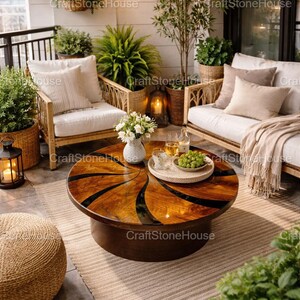 Custom Epoxy River Round Coffee Top Handmade Black Resin Sunburst Design Table for Hallway