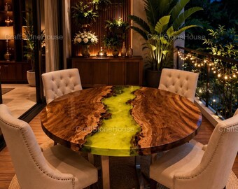Modern Round Coffee Table River Resin Wood Yellow Table Handmade Luxury Accent Table Contemporary Designer Furniture for Home