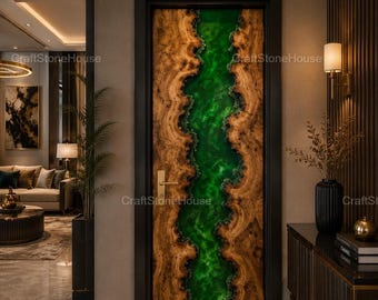 Custom Luxury Entry Door Green Resin Live Edge Door Modern Handmade Wooden Front Door Premium Home Decor